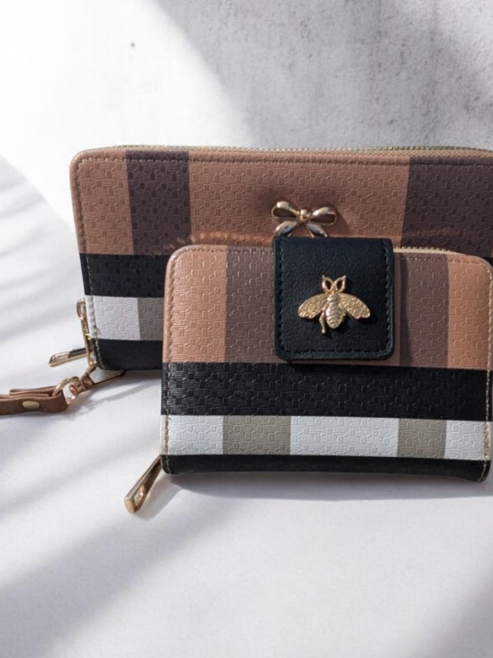 Striped Bee Accent Wallet - Beige and Black
